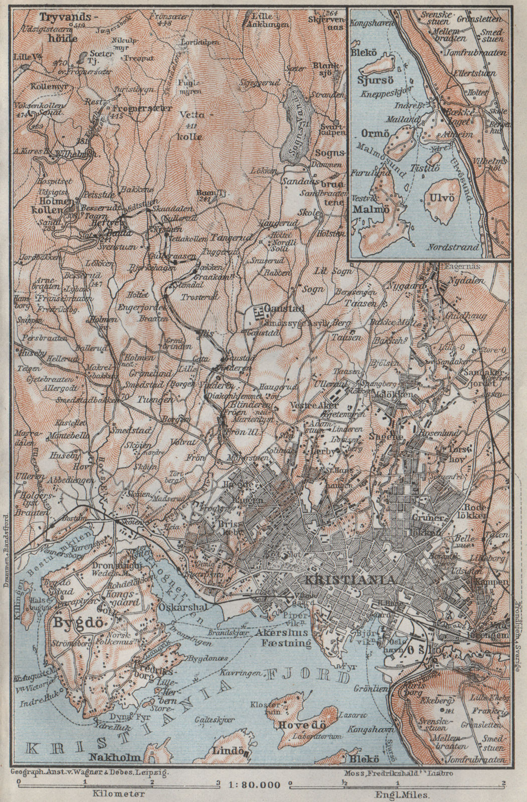OSLO ENVIRONS. Christiania Bygdo. Norway kart. BAEDEKER 1909 old antique map